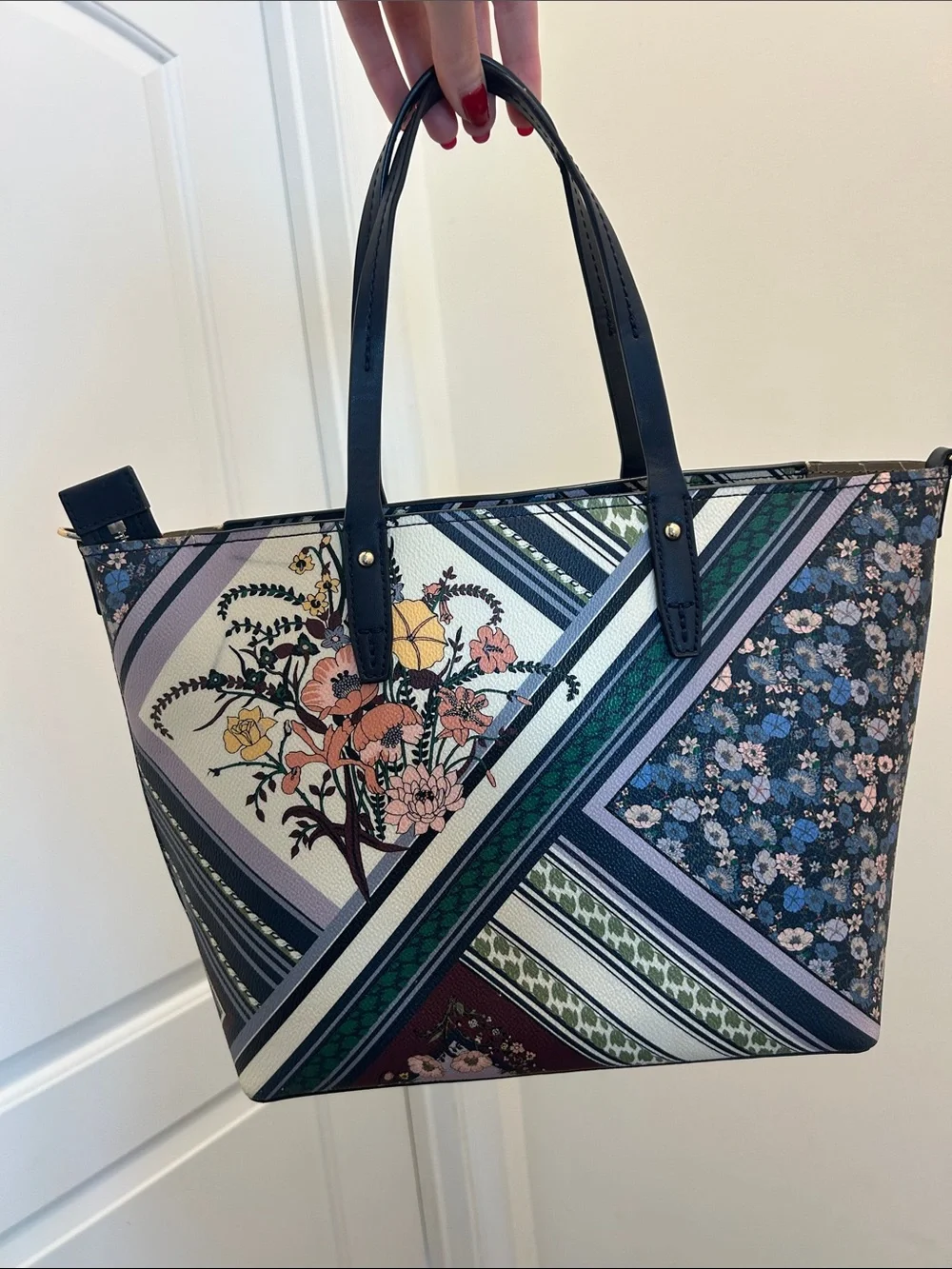 Tory Burch Floral Patchwork Tote in Navy, Green, Pink